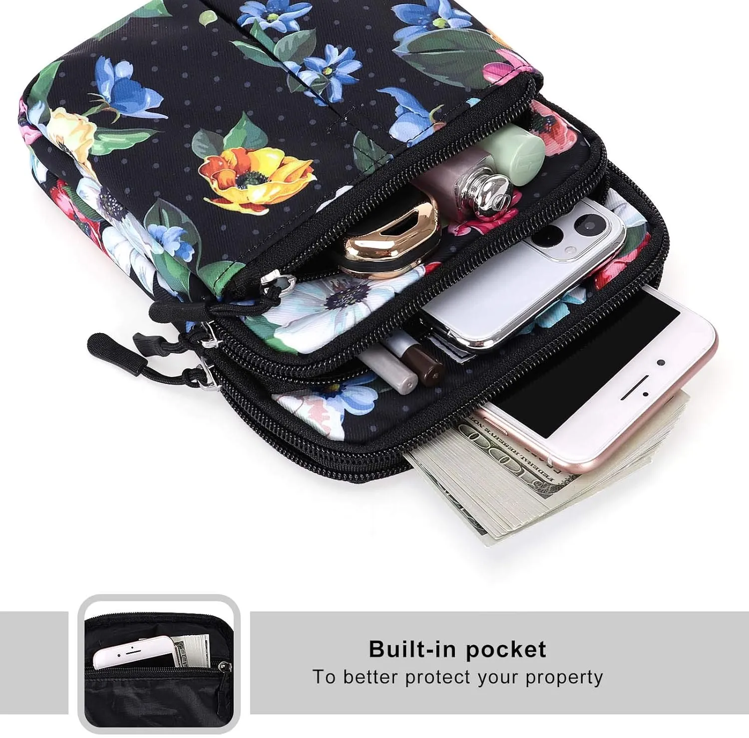 KAMO Multifunction Phone Bag One Shoulder Phone Waist Bag Diagonal Cross Bag Smart Phone Case Outdoor Bag Triple Zip Hipster Crossbody Purse for Women & Men