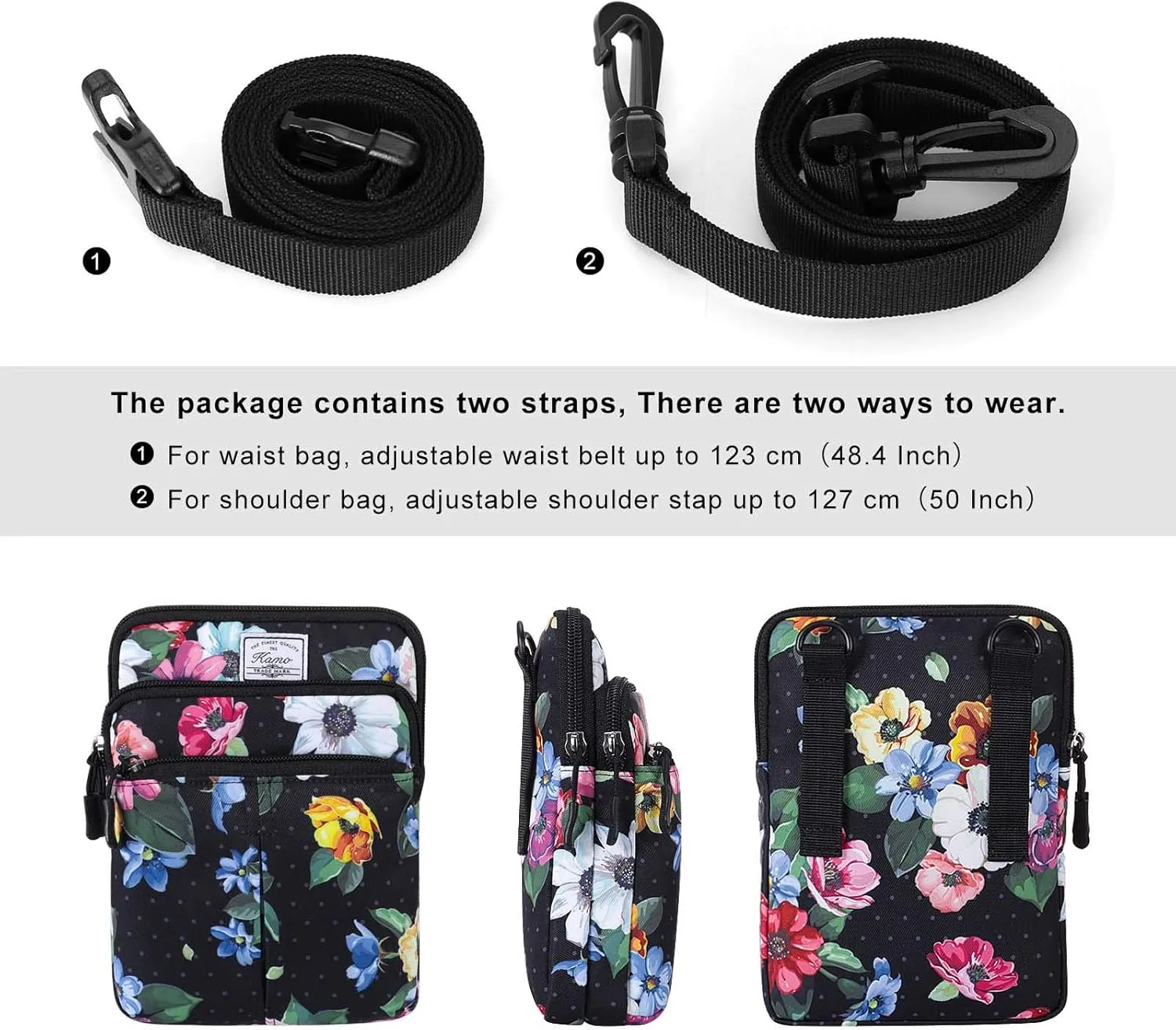 KAMO Multifunction Phone Bag One Shoulder Phone Waist Bag Diagonal Cross Bag Smart Phone Case Outdoor Bag Triple Zip Hipster Crossbody Purse for Women & Men