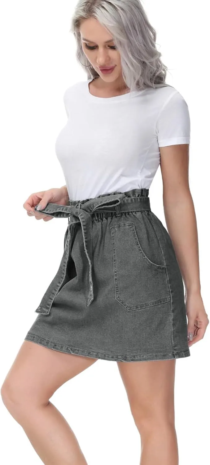 KANCY KOLE Women's Casual High Waist A Line Skirt Denim Skirt Elastic Waist Jean Short Skirt with Pockets