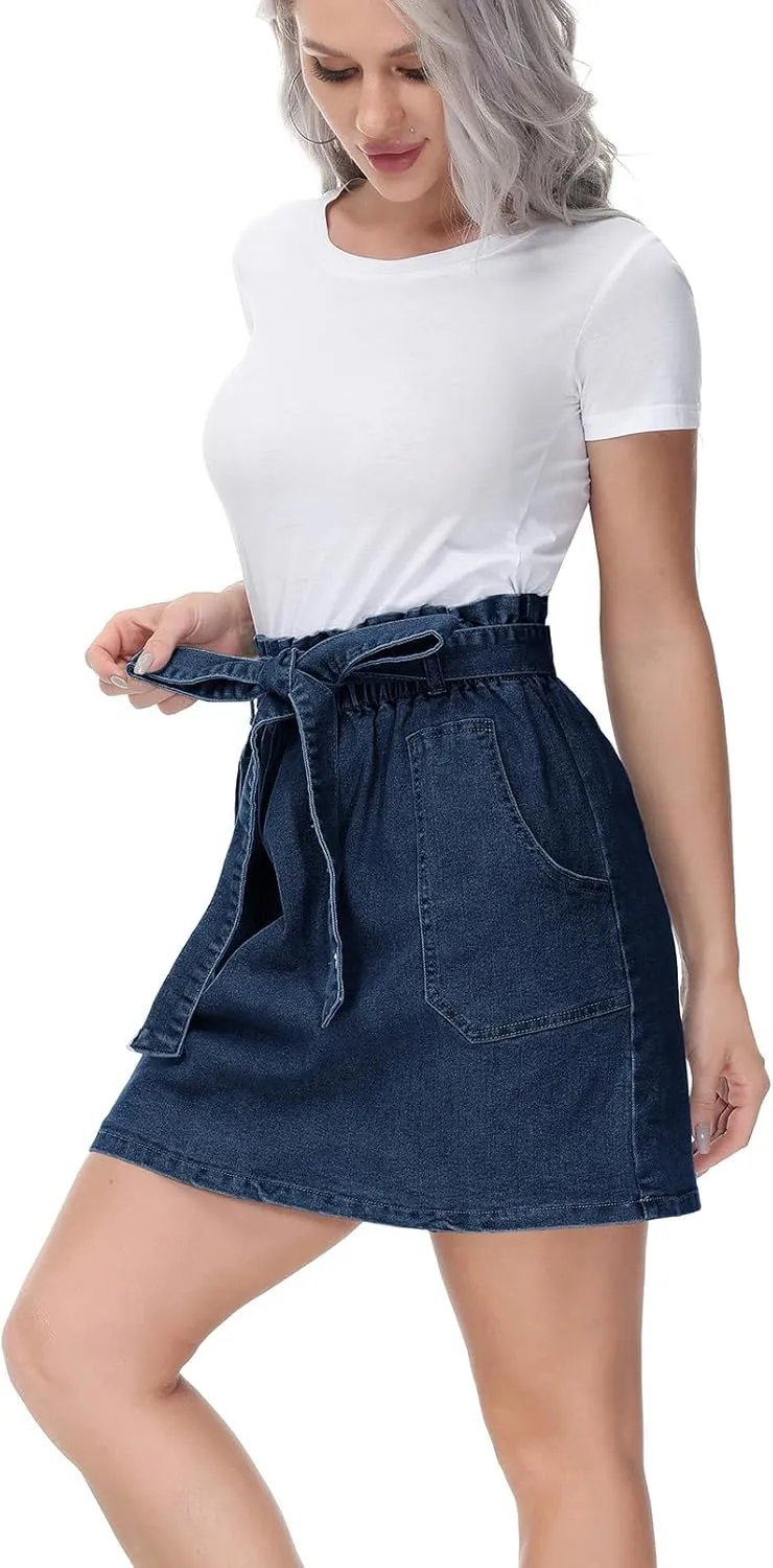 KANCY KOLE Women's Casual High Waist A Line Skirt Denim Skirt Elastic Waist Jean Short Skirt with Pockets