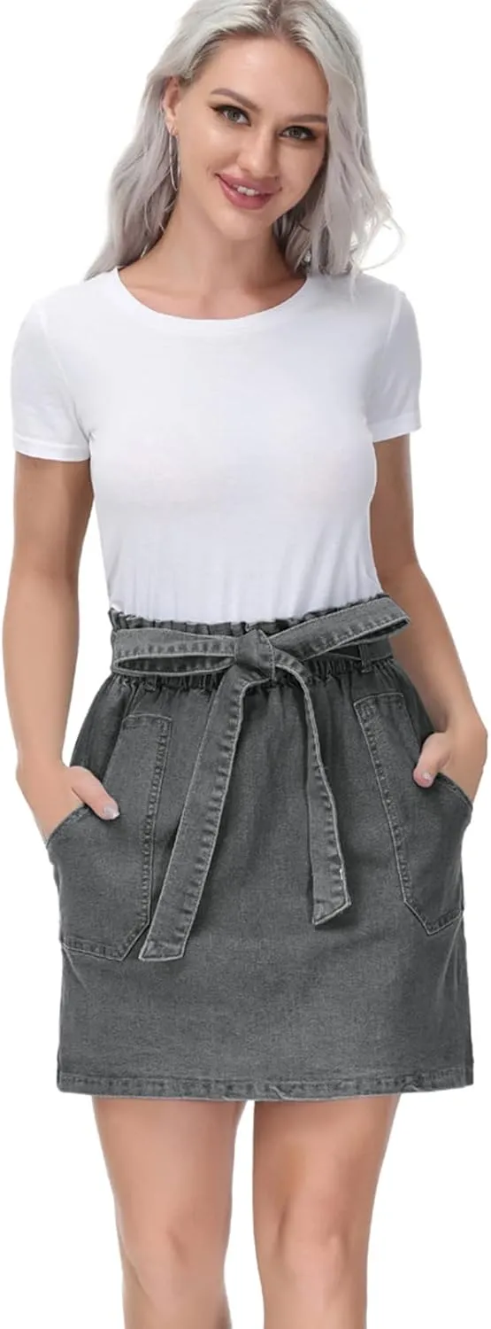 KANCY KOLE Women's Casual High Waist A Line Skirt Denim Skirt Elastic Waist Jean Short Skirt with Pockets