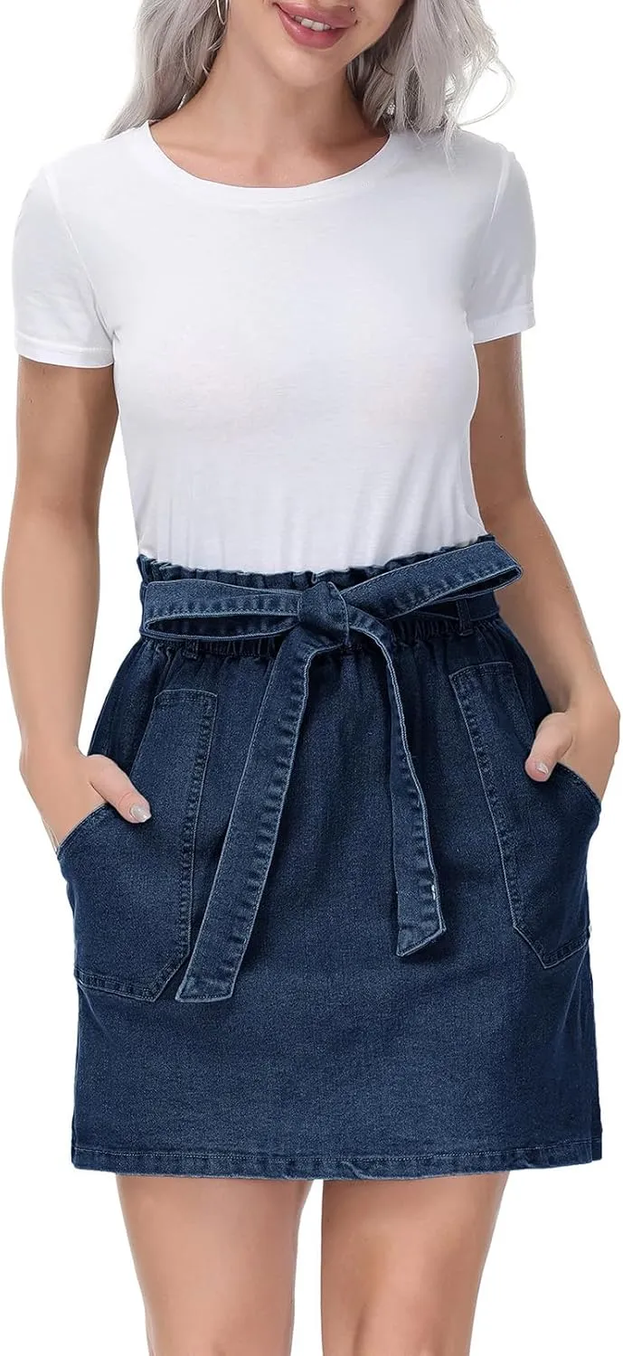 KANCY KOLE Women's Casual High Waist A Line Skirt Denim Skirt Elastic Waist Jean Short Skirt with Pockets