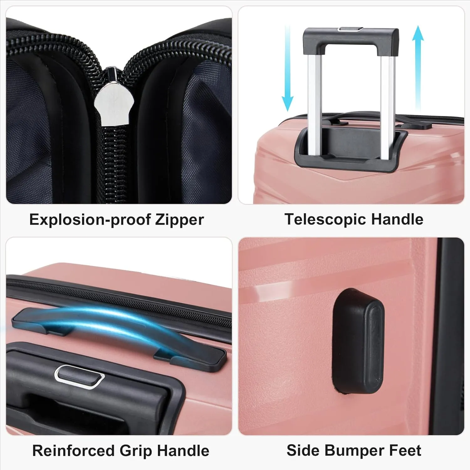Karl home Luggage Set 4 Piece, PP Hard Shell Suitcase with Spinner Wheels & TSA Lock, Lightweight Carry on Suitcase Set 20in 24in 28in with 14in Mini Case, Rose Gold