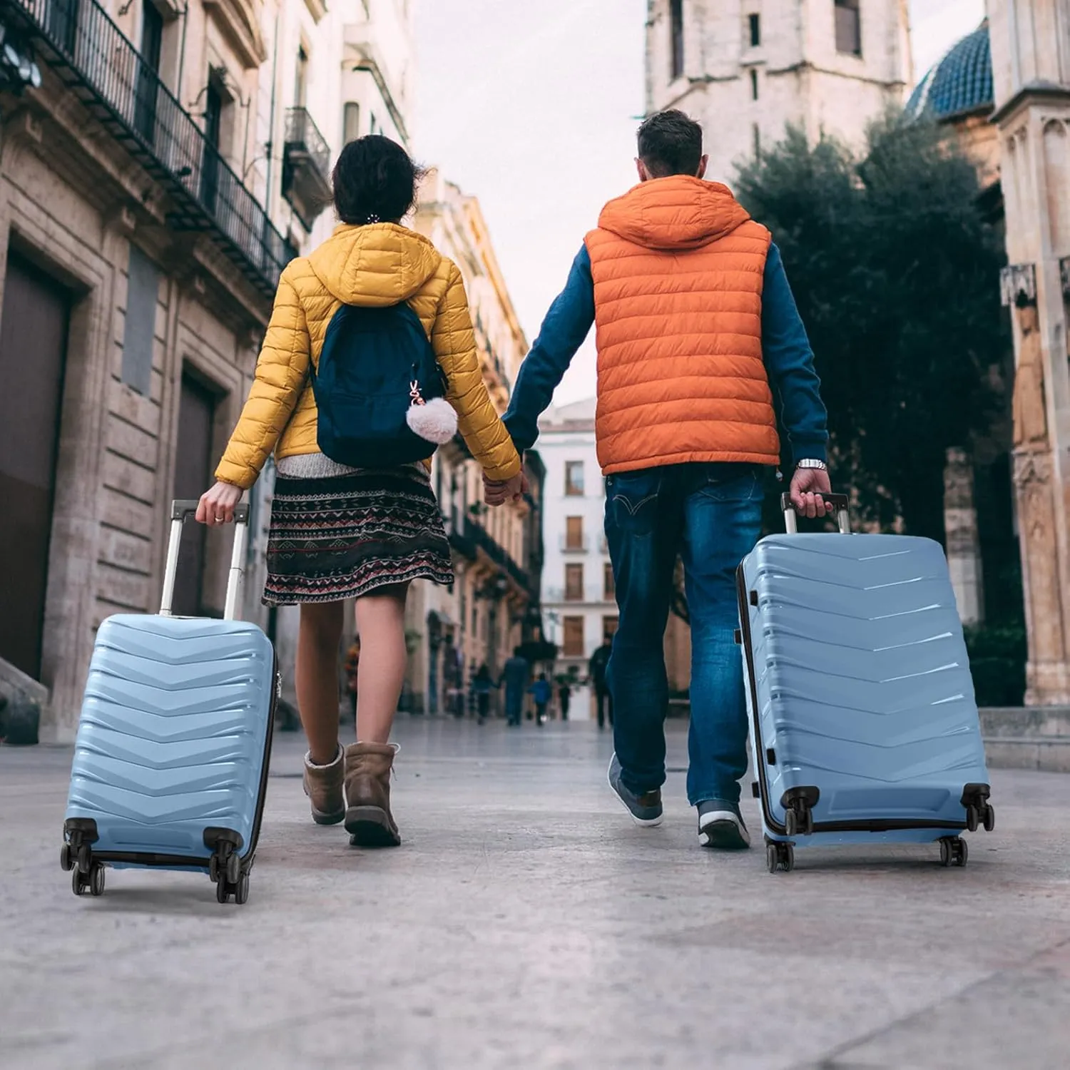 Karl home Luggage Set 4 Piece, PP Hard Shell Suitcase with Spinner Wheels & TSA Lock, Lightweight Carry on Suitcase Set 20in 24in 28in with 14in Mini Case, Sky Blue