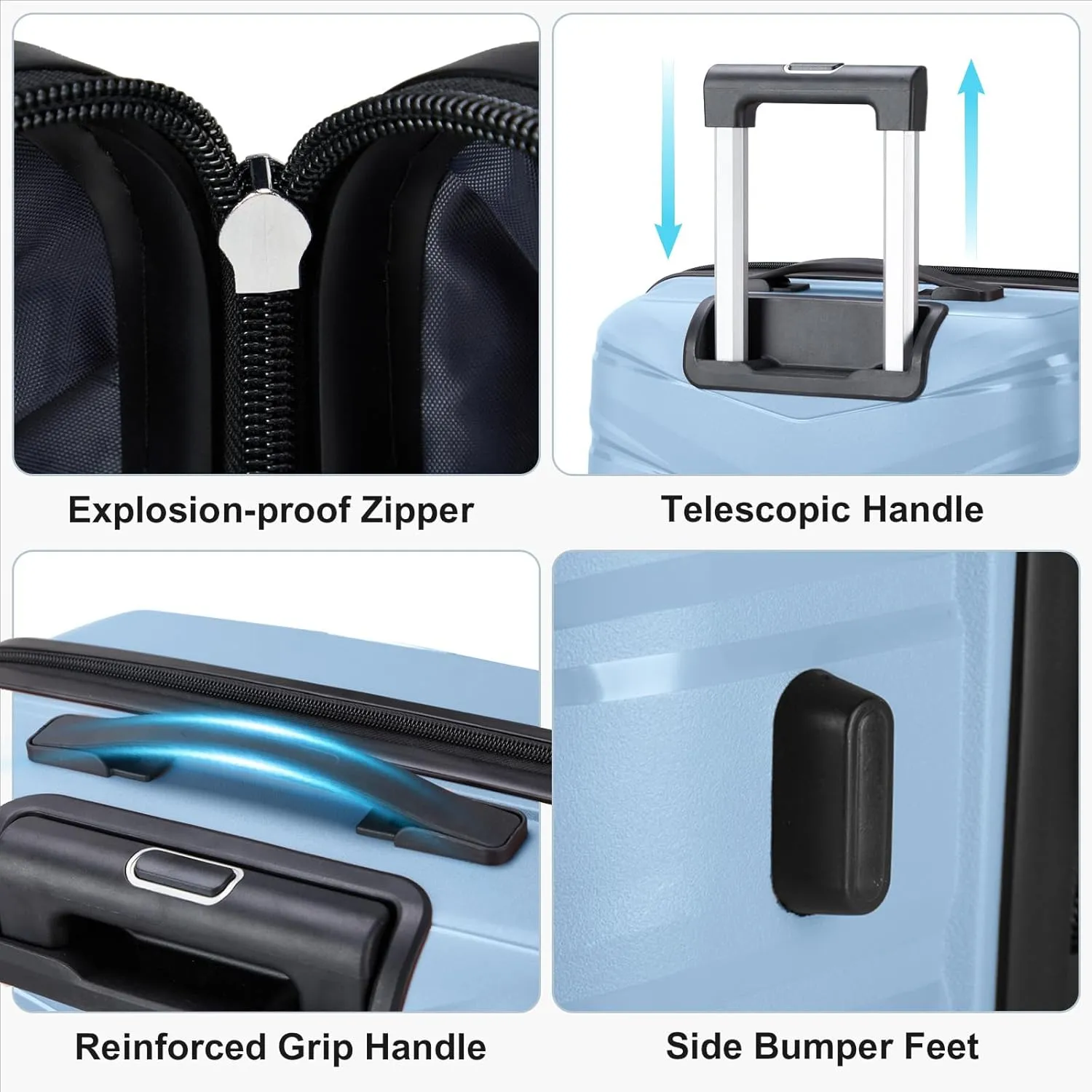 Karl home Luggage Set 4 Piece, PP Hard Shell Suitcase with Spinner Wheels & TSA Lock, Lightweight Carry on Suitcase Set 20in 24in 28in with 14in Mini Case, Sky Blue