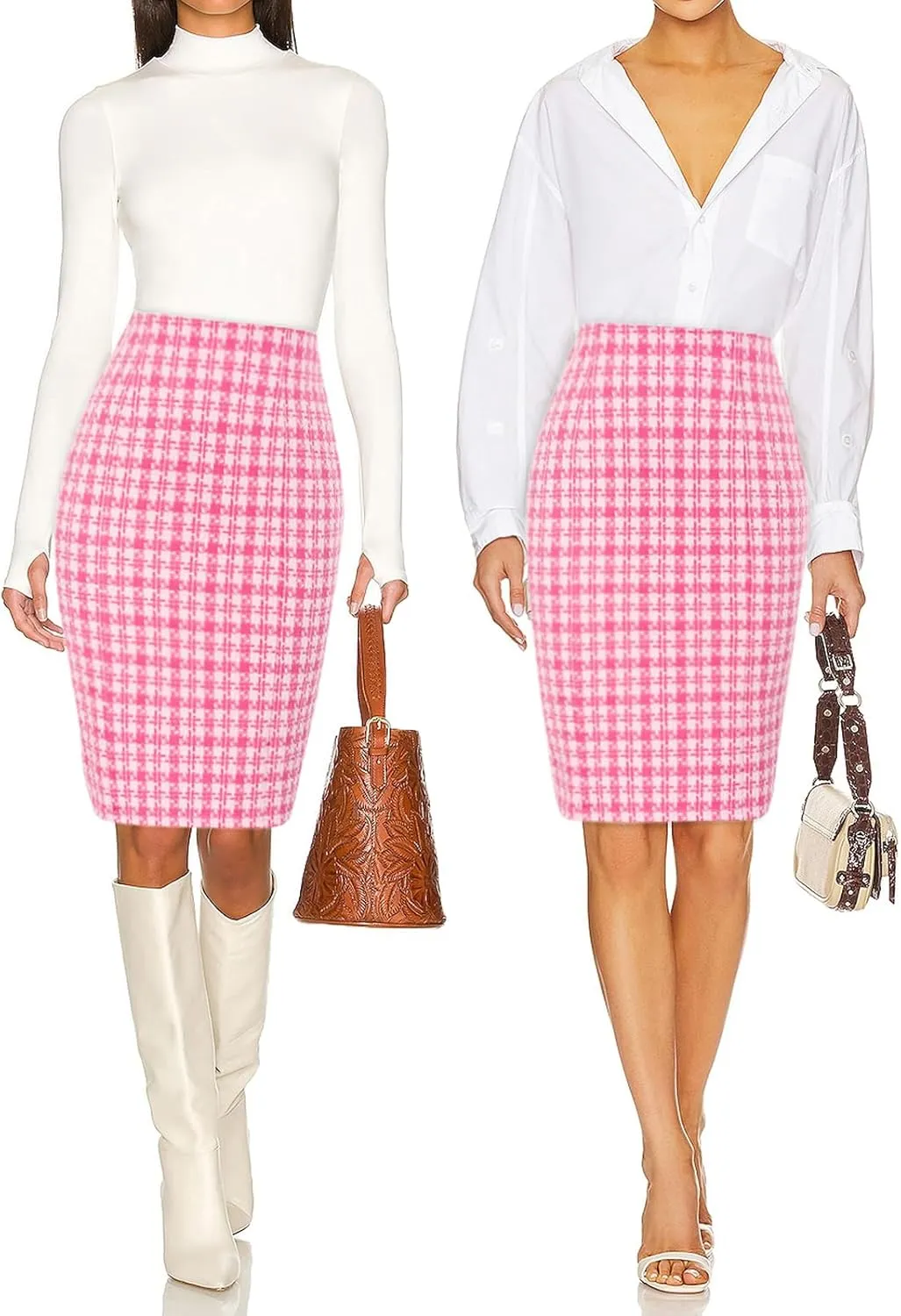 Kate Kasin Womens Knee Length Elastic Waist Stretchy Bodycon Business Tweed Pencil Skirt
