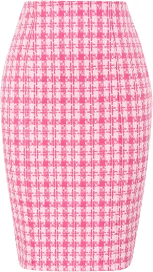 Kate Kasin Womens Knee Length Elastic Waist Stretchy Bodycon Business Tweed Pencil Skirt