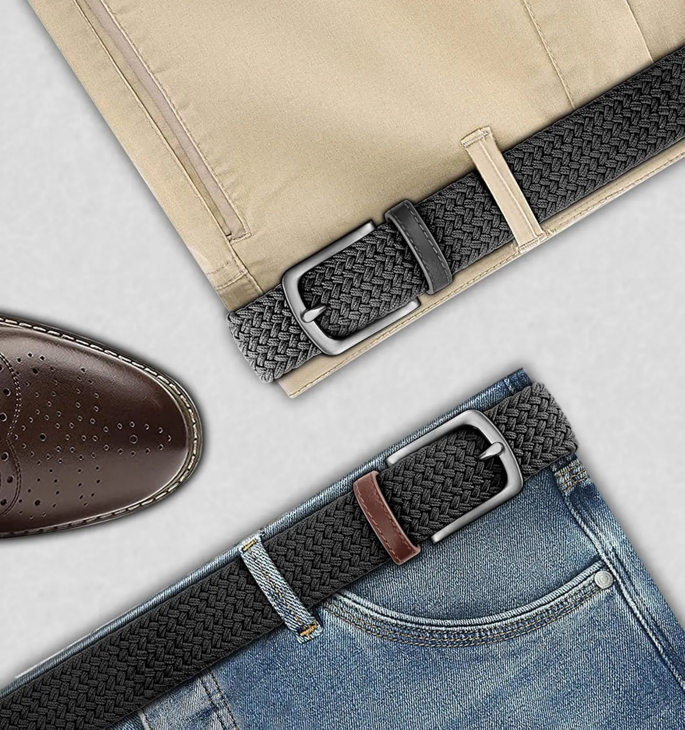 KEMISANT Men's Golf Belt 2 Pack-Braided Woven Stretch Belt for Gift Men Casual Jeans Sports Work 1 3/8"