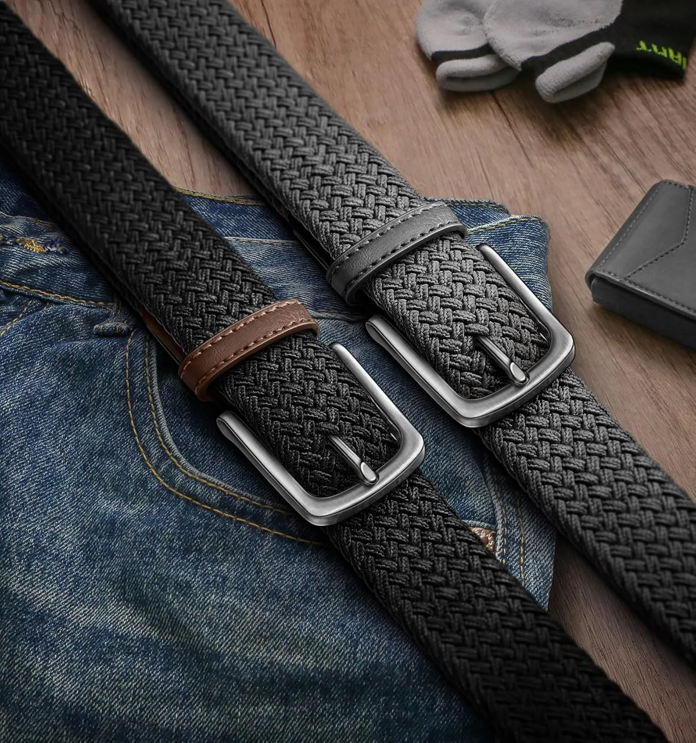 KEMISANT Men's Golf Belt 2 Pack-Braided Woven Stretch Belt for Gift Men Casual Jeans Sports Work 1 3/8"