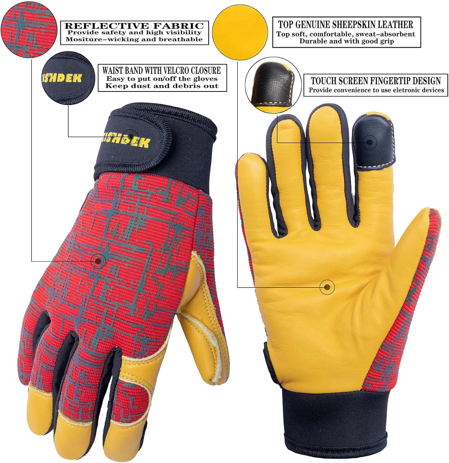 Kids Genuine Leather Work Gloves, Safety Gloves, Touch Screen, Reflective, Breathable Design, for Children Age 2-12