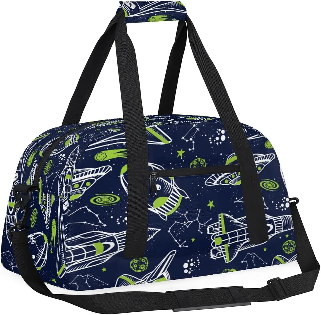 Kids Overnighter Duffel Bags for Boys Girls, Carry-On Size Sports Gym Bag for School Practice or Overnight Travel Weekender Sleepover Workout Tote Bag (Rocket Spaceship)