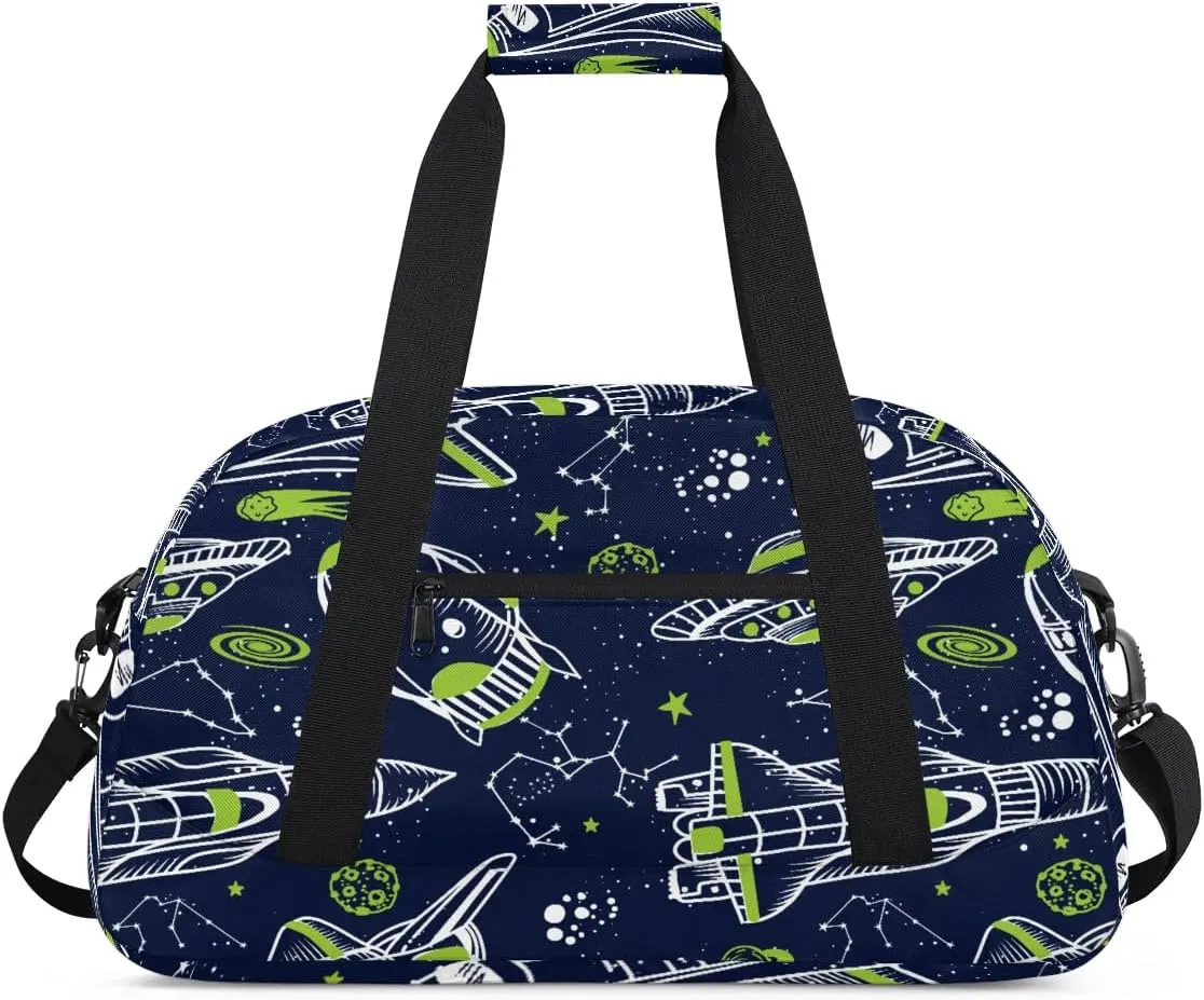 Kids Overnighter Duffel Bags for Boys Girls, Carry-On Size Sports Gym Bag for School Practice or Overnight Travel Weekender Sleepover Workout Tote Bag (Rocket Spaceship)