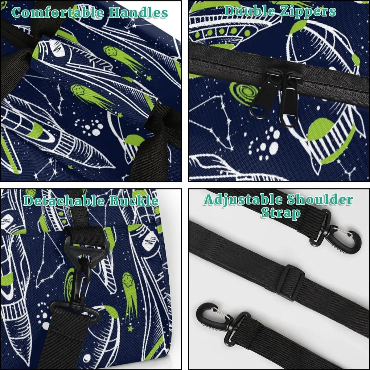 Kids Overnighter Duffel Bags for Boys Girls, Carry-On Size Sports Gym Bag for School Practice or Overnight Travel Weekender Sleepover Workout Tote Bag (Rocket Spaceship)