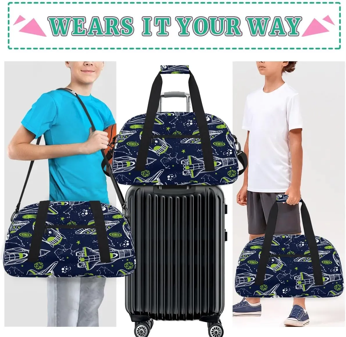 Kids Overnighter Duffel Bags for Boys Girls, Carry-On Size Sports Gym Bag for School Practice or Overnight Travel Weekender Sleepover Workout Tote Bag (Rocket Spaceship)