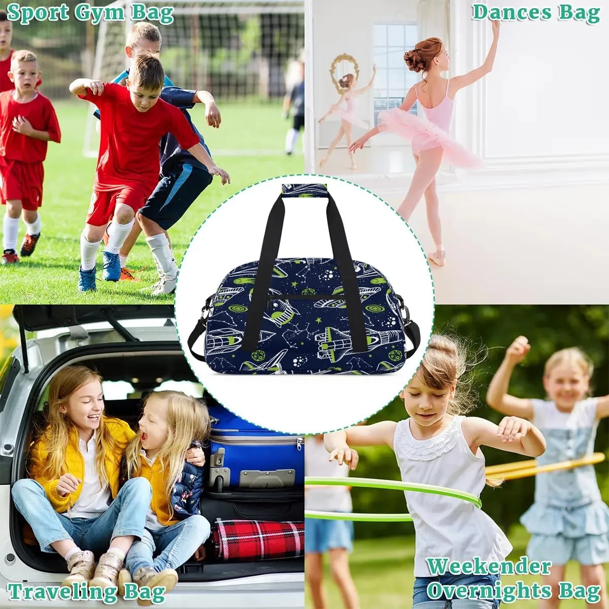 Kids Overnighter Duffel Bags for Boys Girls, Carry-On Size Sports Gym Bag for School Practice or Overnight Travel Weekender Sleepover Workout Tote Bag (Rocket Spaceship)