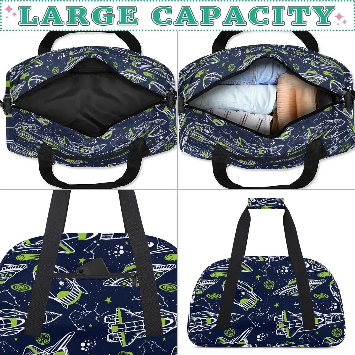 Kids Overnighter Duffel Bags for Boys Girls, Carry-On Size Sports Gym Bag for School Practice or Overnight Travel Weekender Sleepover Workout Tote Bag (Rocket Spaceship)
