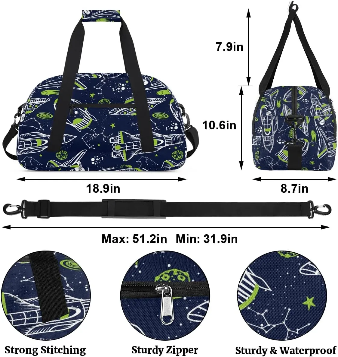 Kids Overnighter Duffel Bags for Boys Girls, Carry-On Size Sports Gym Bag for School Practice or Overnight Travel Weekender Sleepover Workout Tote Bag (Rocket Spaceship)