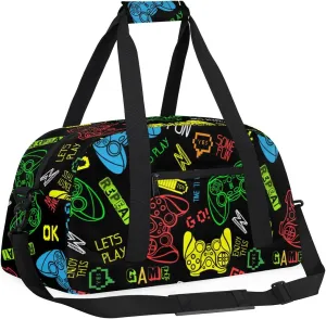 Kids Overnighter Duffel Bags for Boys Girls, Video Games Carry-On Size Sports Gym Bag for School Practice or Overnight Travel Weekender Sleepover Tote Bag