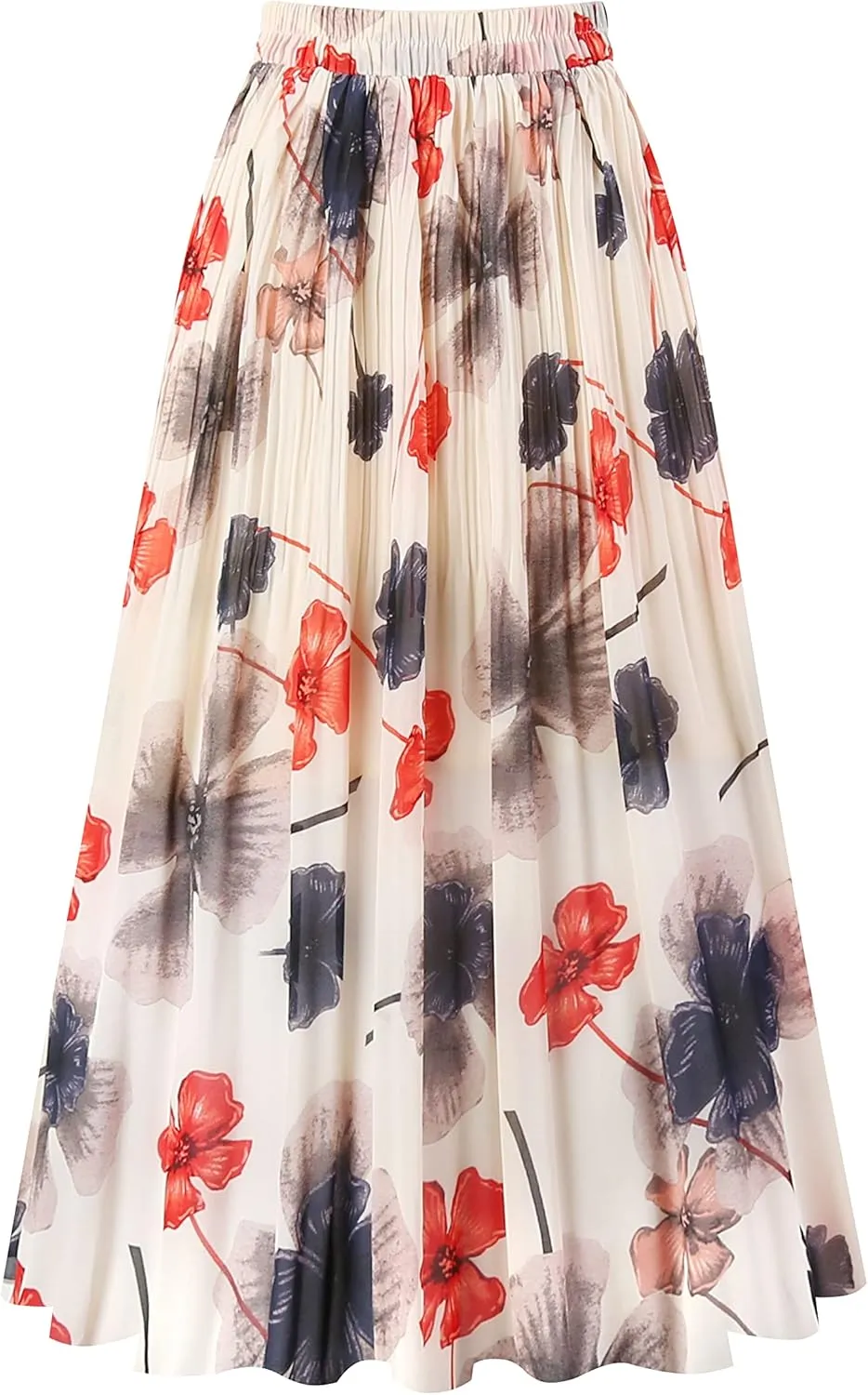 Kingfancy Women's Pleated Skirt Chiffon Elastic Waist A-Line Midi Length Skirt