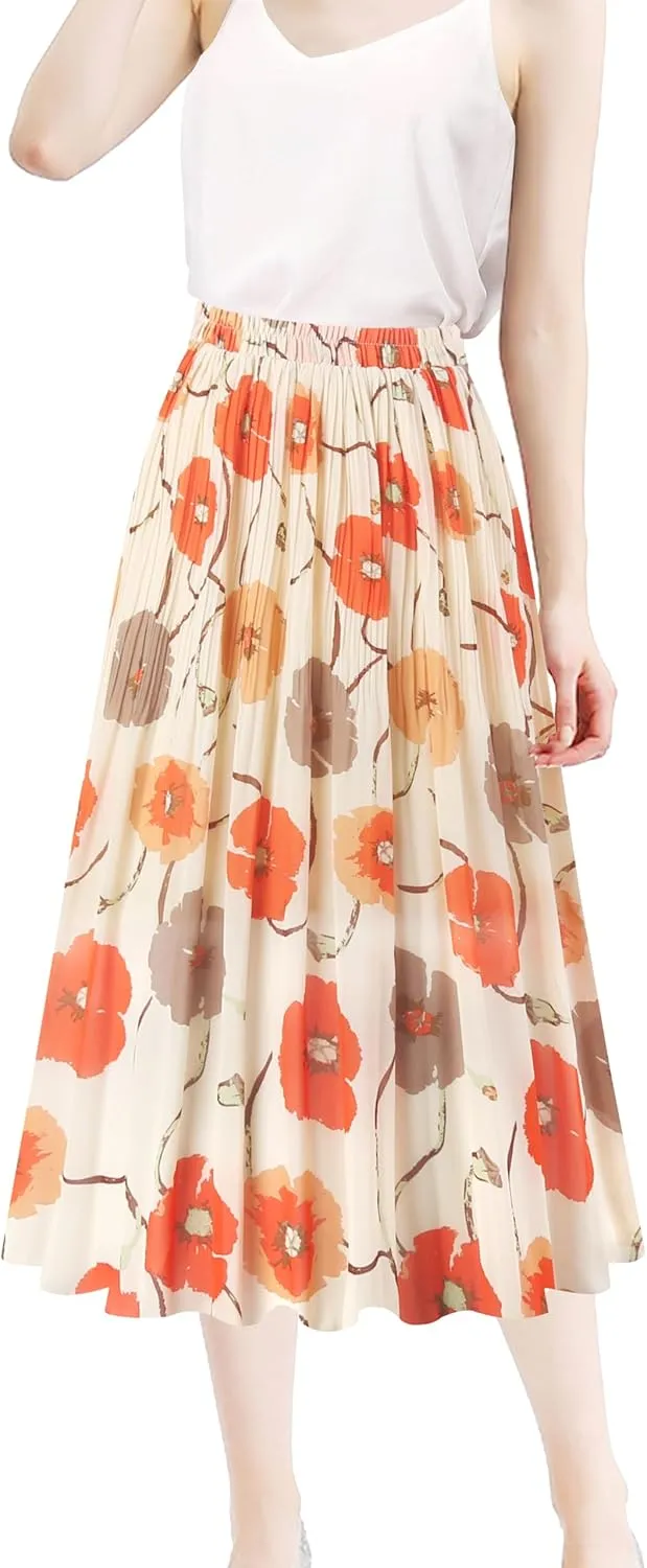 Kingfancy Women's Pleated Skirt Chiffon Elastic Waist A-Line Midi Length Skirt