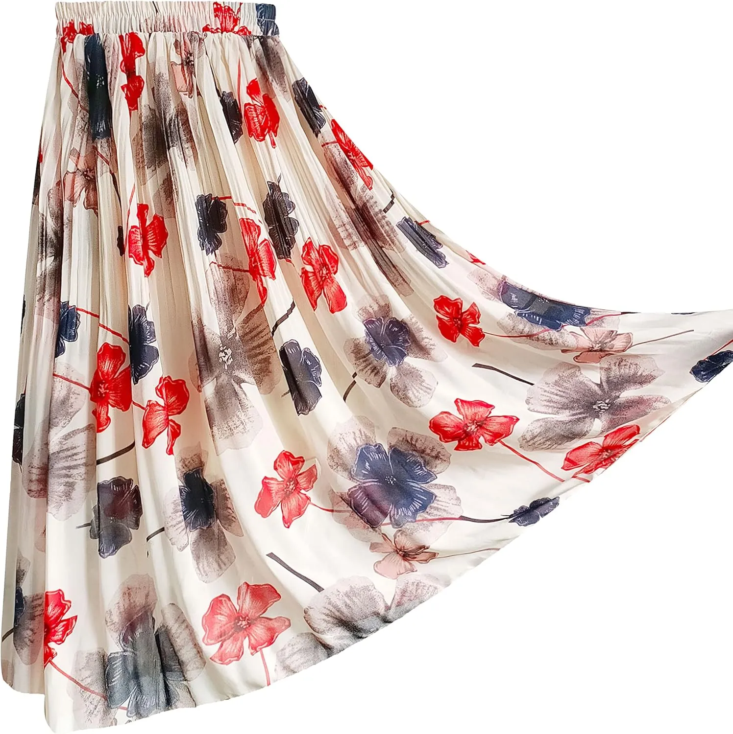 Kingfancy Women's Pleated Skirt Chiffon Elastic Waist A-Line Midi Length Skirt