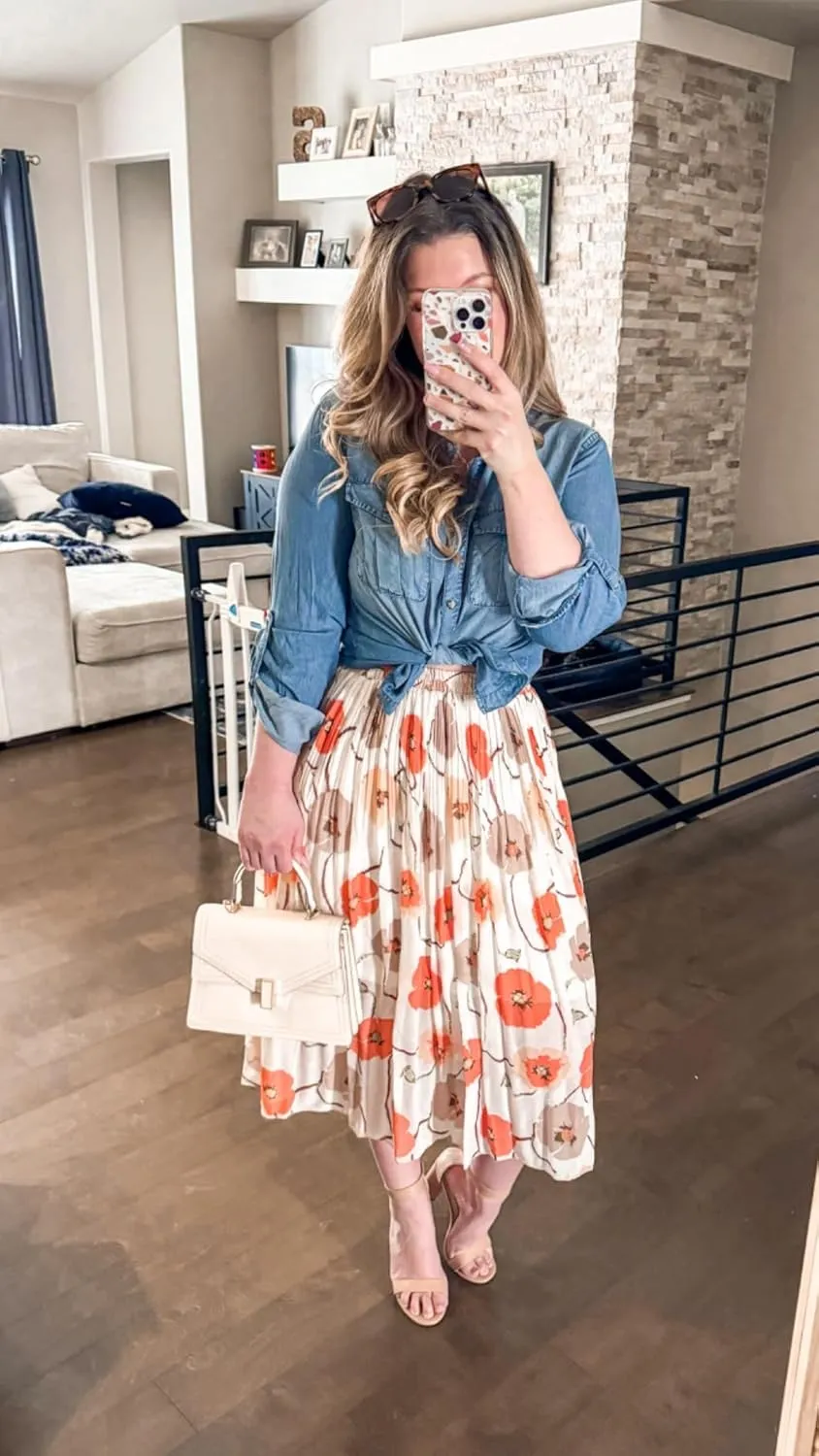 Kingfancy Women's Pleated Skirt Chiffon Elastic Waist A-Line Midi Length Skirt