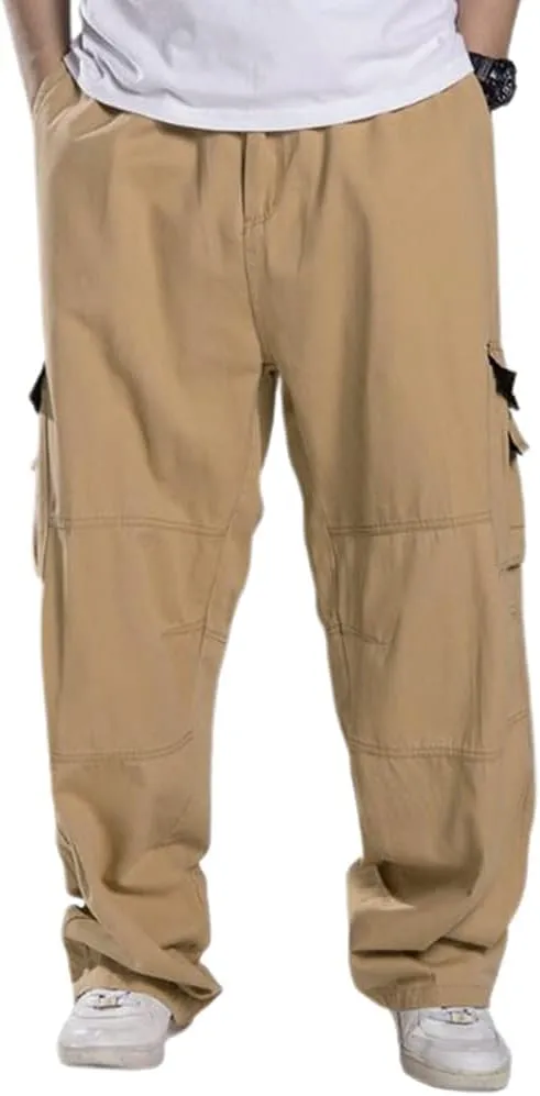 Kinghua Men's Baggy Cargo Pants Casual Loose Fit Elastic Waist Cotton Twill Cargo Pants