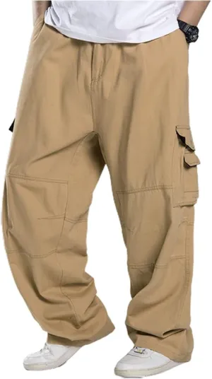 Kinghua Men's Baggy Cargo Pants Casual Loose Fit Elastic Waist Cotton Twill Cargo Pants