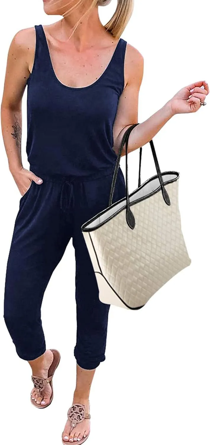KIRUNDO Women's 2025 Summer Jumpsuits Casual Sleeveless Jumpsuit Drawstring Elastic Waist Romper Pajama with Pockets