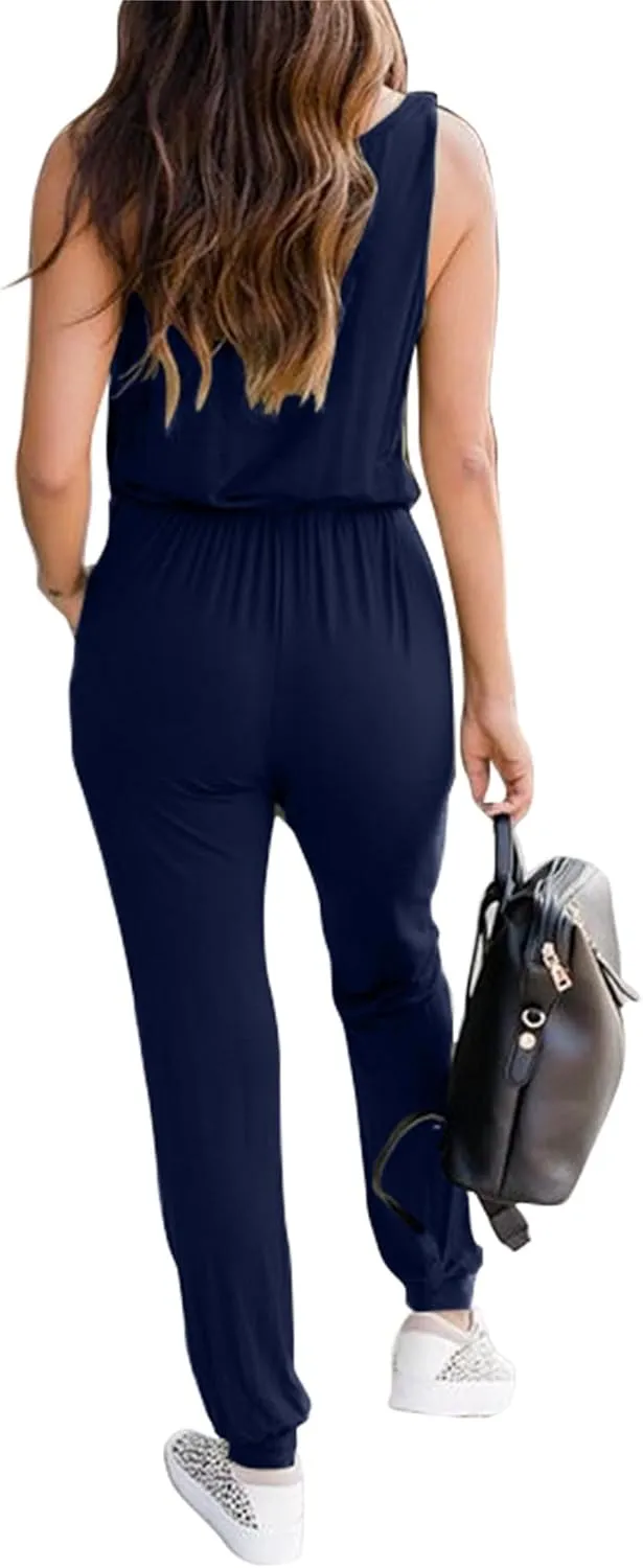 KIRUNDO Women's 2025 Summer Jumpsuits Casual Sleeveless Jumpsuit Drawstring Elastic Waist Romper Pajama with Pockets