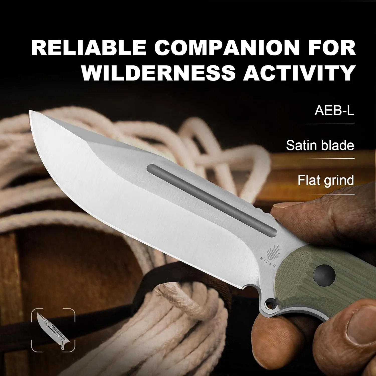 Kizer Ursa Major Fixed Blade Knife, 4.43" AEB-L Blade Hunting Survival Knife with Ergonomic Olive Green G10 Handle, Full Tang Camping Knives with Sheath & Hexagon Hole for Outdoor Activities, 1082A2