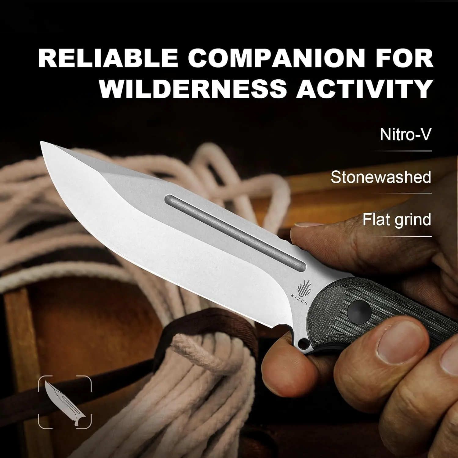 Kizer Ursa Major Fixed Blade Knife, 4.43" Nitro-V Blade Hunting Survival Knife with Ergonomic Black Micarta Handle, Full Tang Camping Knives with Sheath & Hexagon Hole for Outdoor Activities, 1082A3
