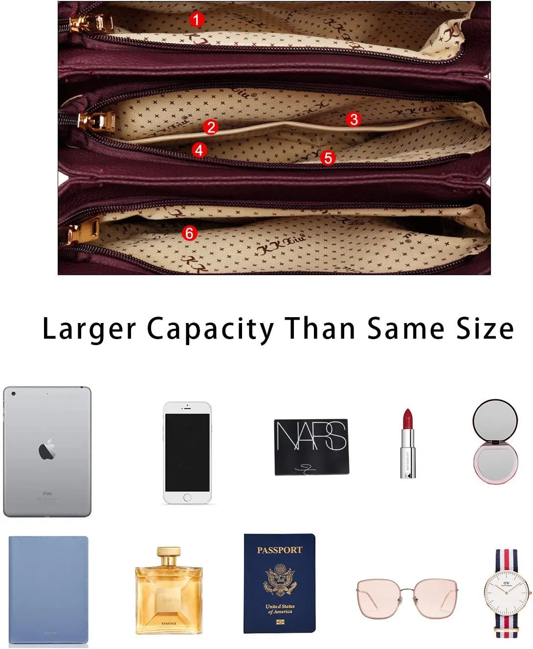 KKXIU 3 Zippered Compartments Purses and Handbags for Women Top Handle Satchel Shoulder Ladies Bags