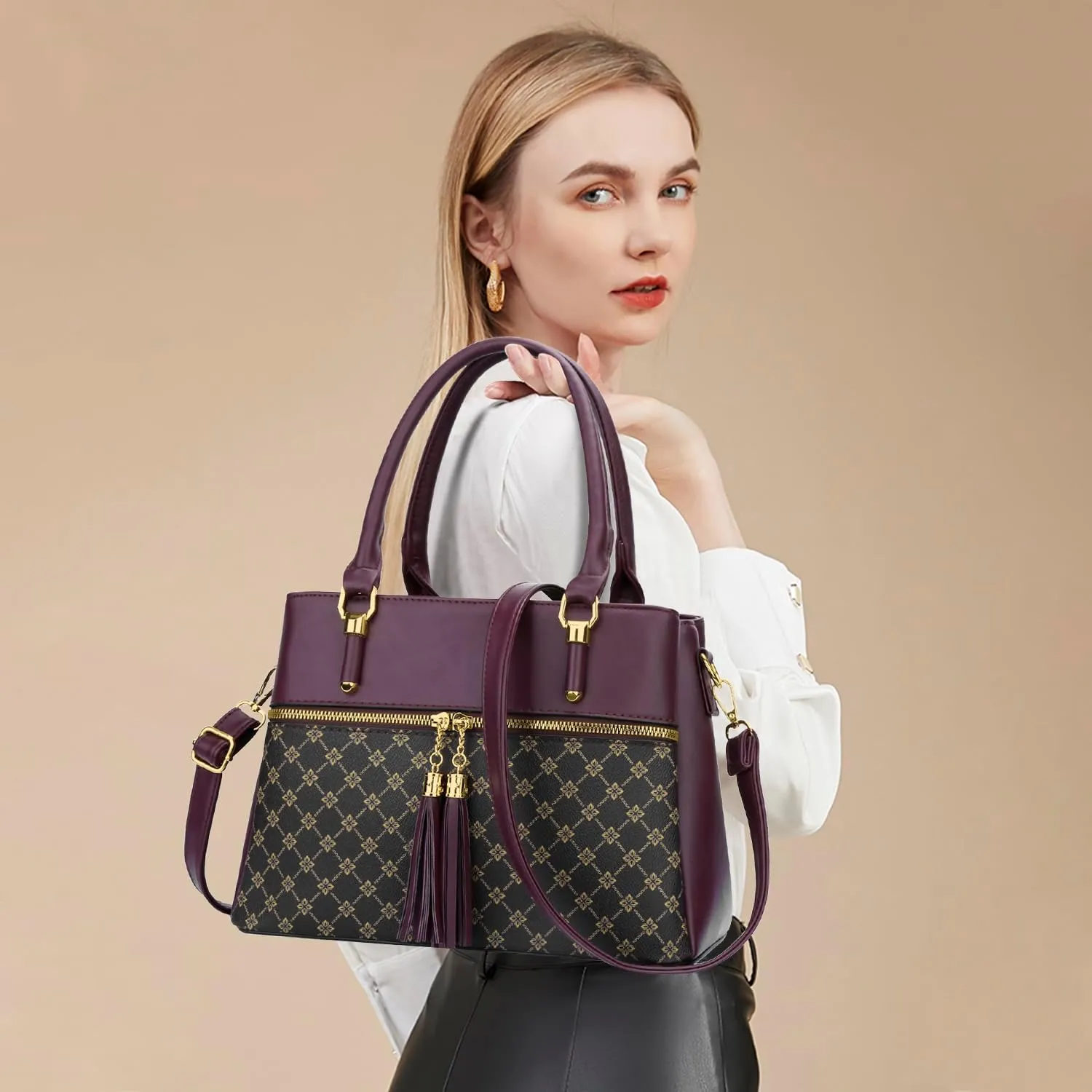 KKXIU Women Satchel Bags Handle Shoulder Handbags and Purses Pockets Zipper Leather Crossbody Bags