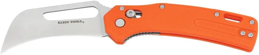 Klein Tools 44056 Pocket Knife, Stainless Steel Hawkbill Blade for Cable Skinning and Line Work, Bar Lock, Orange Handle with Lanyard Hole