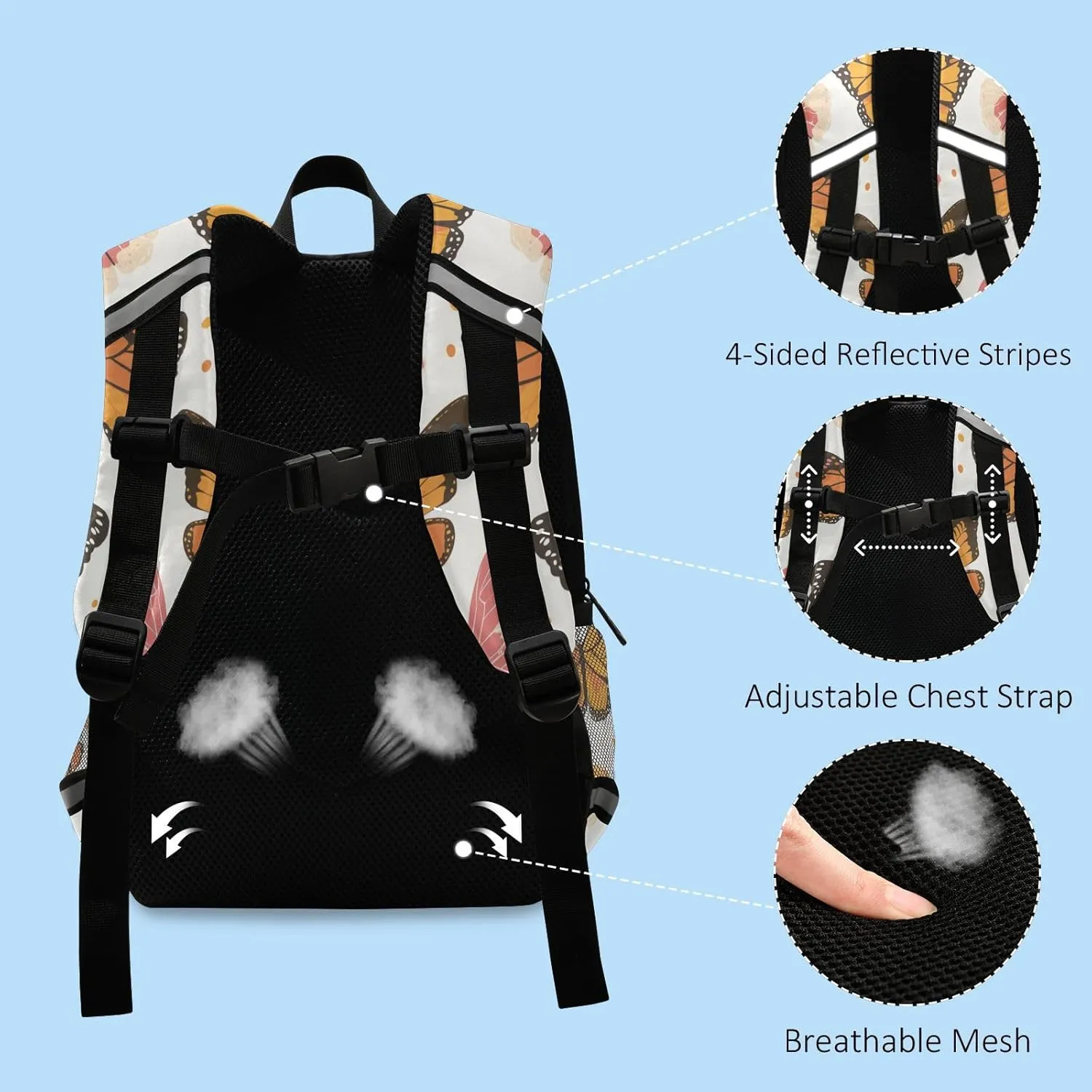 KLL Cute Boys Backpacks Monarch Butterfly Cute Travel Daypack Bookbag with Reflective Strips