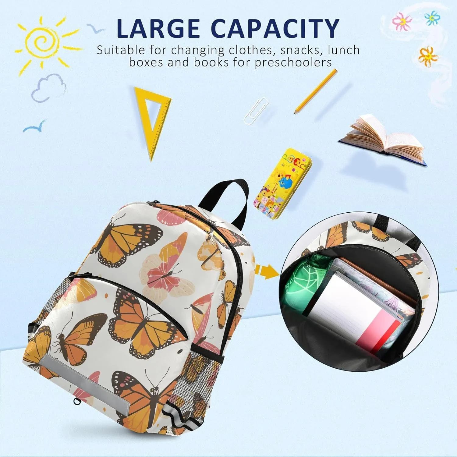 KLL Cute Boys Backpacks Monarch Butterfly Cute Travel Daypack Bookbag with Reflective Strips