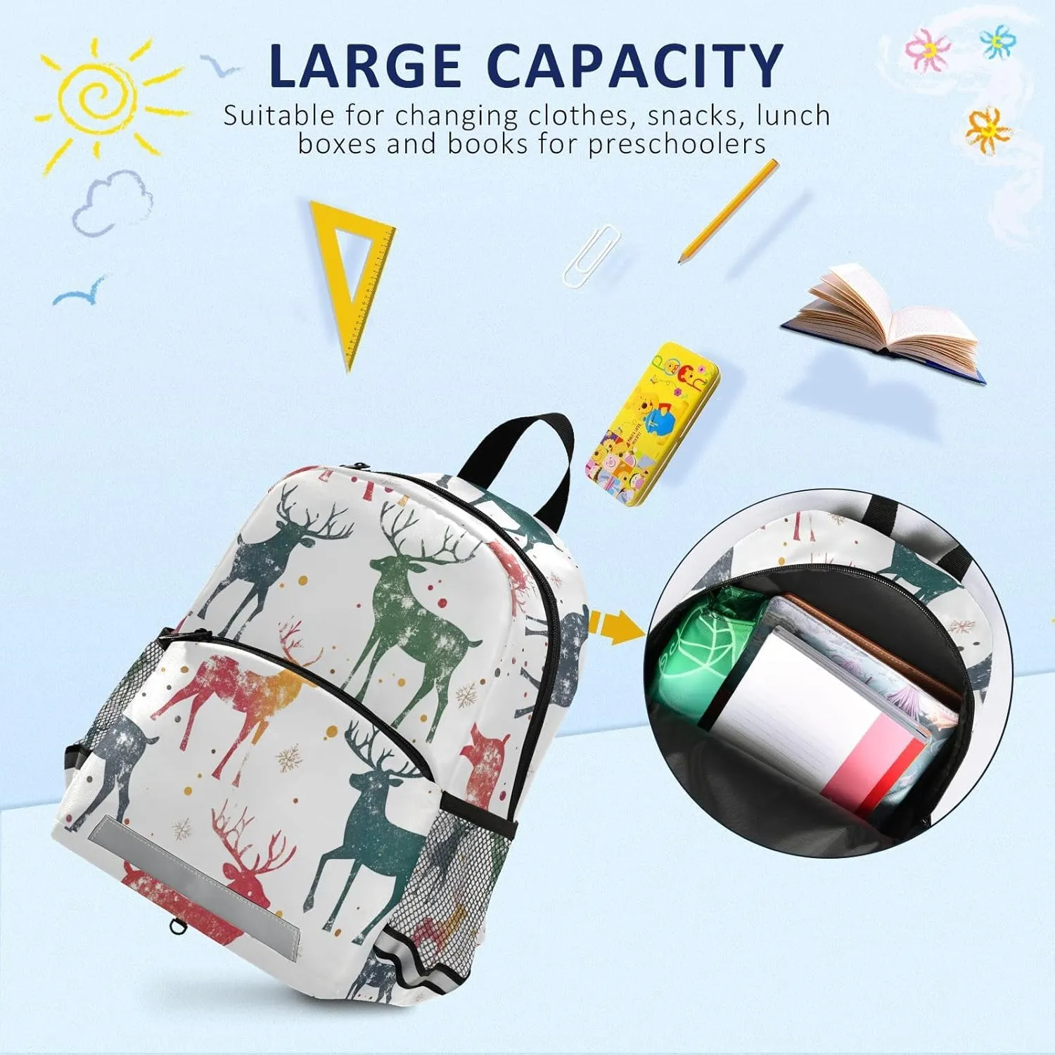 KLL Cute Toddler Girl Backpack Christmas Pattern with Reindeer Cute Travel Outdoor Daypack Book Bag for School