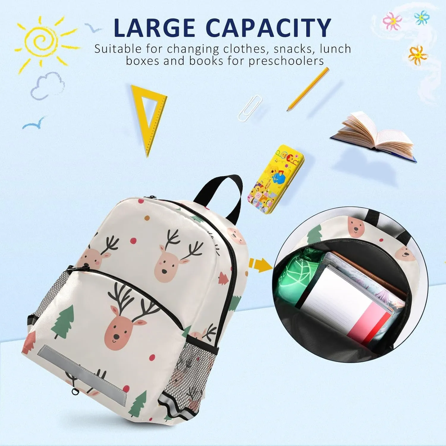 KLL Toddler Girl Backpack Cute Water Resistant School Bag Travel, Christmas Pattern with Reindeer