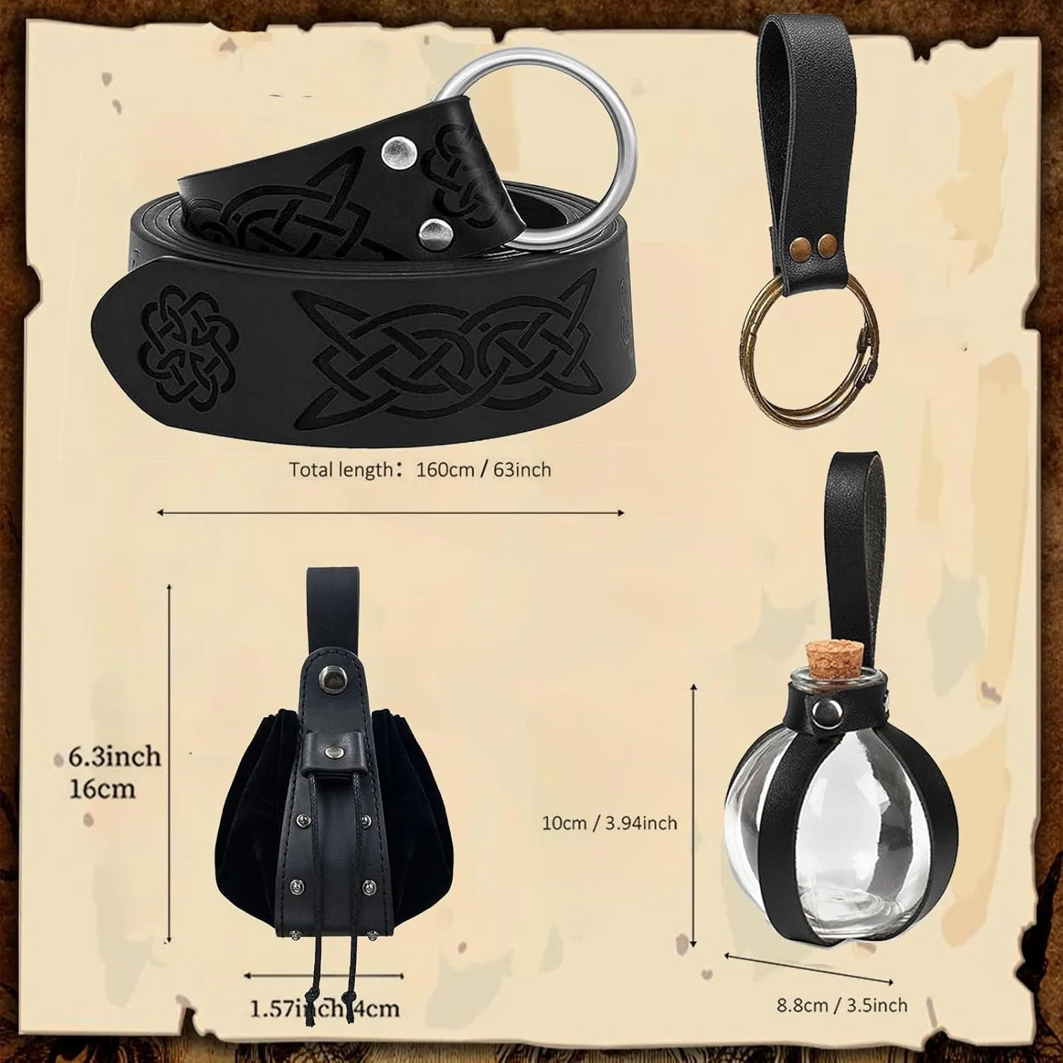 KOTORA Renaissance Costume Accessory Belt Pouch Purse Potion Bottle Belt Waist Set Retro Medieval Festival Ren Faire