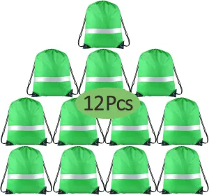 KUUQA 12 Pcs Drawstring Backpack Bag Bulk Reflective Backpack Green String Bags Cinch Sack Backpack for Team Yoga Sport Gym Traveling