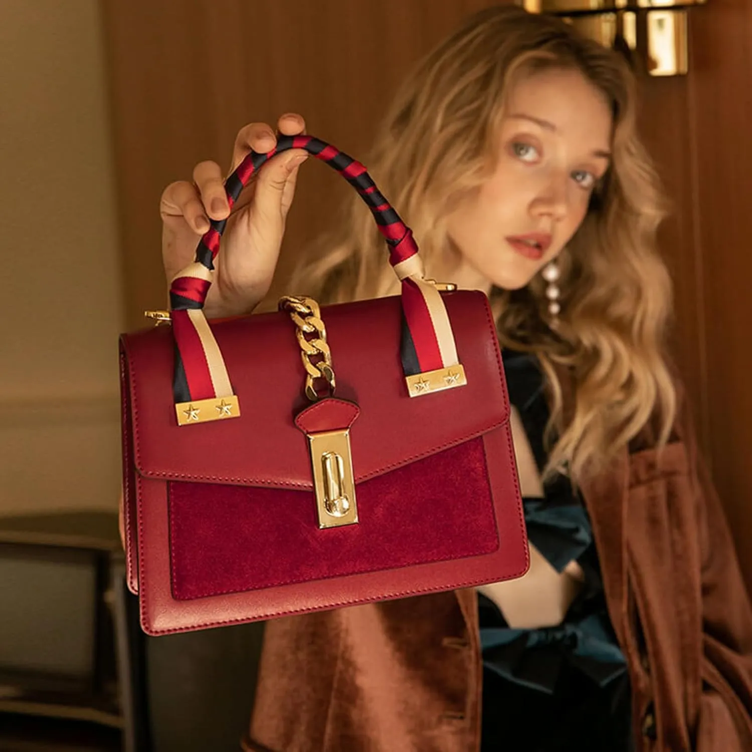 LA FESTIN Leather Top Handle Crossbody Bag for Women Small Handbag Designer Shoulder Satchel Purses with Detachable Strap