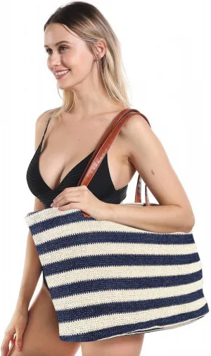 Ladies Crossbody Purse Large Straw Braided Beach Bag Striped Beach Bag Large Size Outdoor Travel Storage Tote