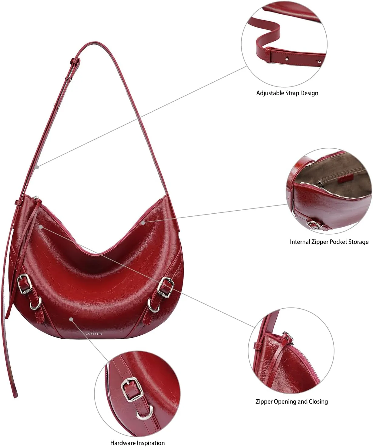 LAFESTIN Shoulder Bag for Women with Adjustable Strap, Split Leather Hobo Crossbody Bags, Trendy Satchel Purse Zipper Closure