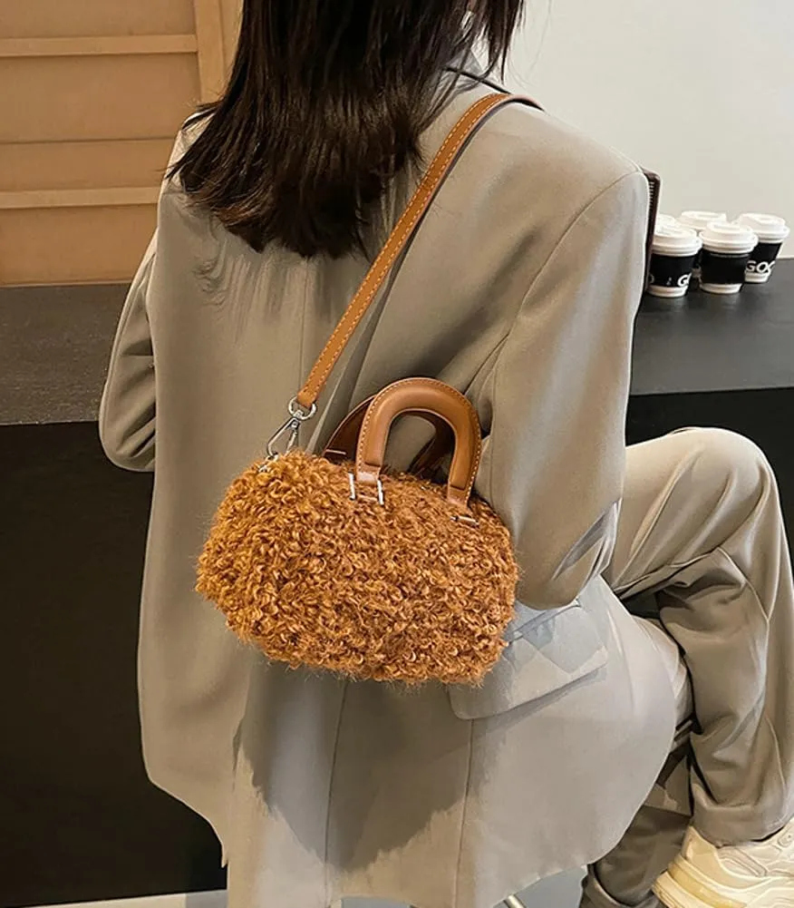 Lamb Wool Crossbody Handbags for Women Fuzzy Purses for Women Vintage Boston Bag Satchel Purse Shoulder Bag Hobo Bag