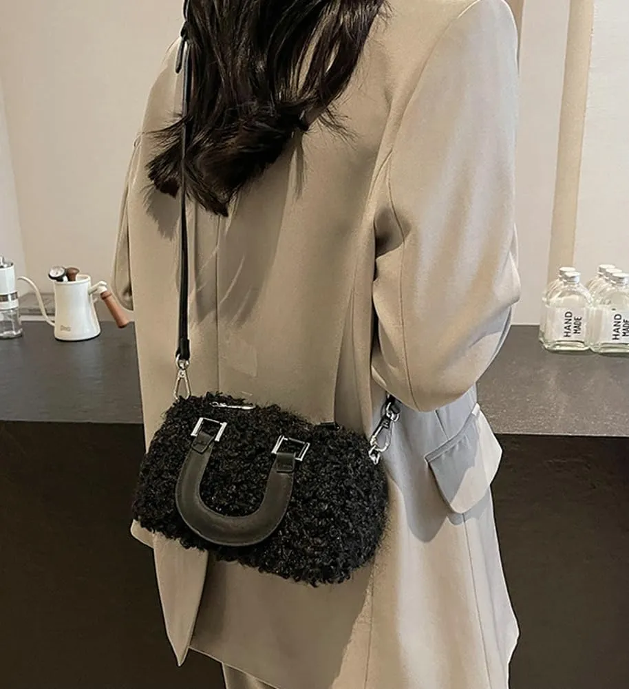 Lamb Wool Crossbody Handbags for Women Fuzzy Purses for Women Vintage Boston Bag Satchel Purse Shoulder Bag Hobo Bag