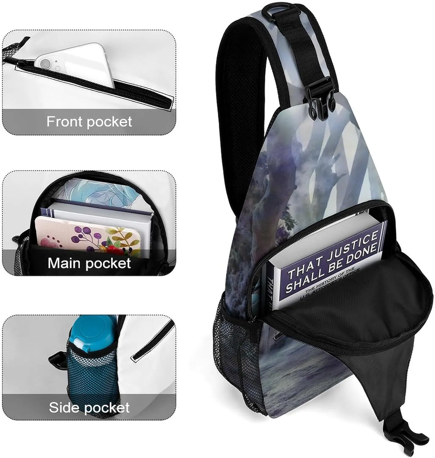Landscape Ancient Treese Crossbody Sling Backpack Misty Mood Sling Bag Adjustable Travel Hiking Chest Bags Daypack