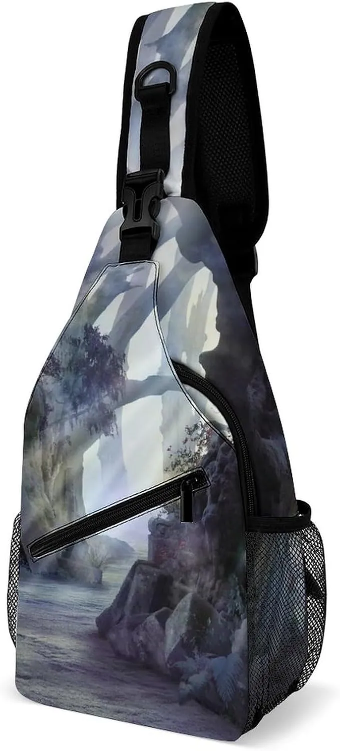 Landscape Ancient Treese Crossbody Sling Backpack Misty Mood Sling Bag Adjustable Travel Hiking Chest Bags Daypack