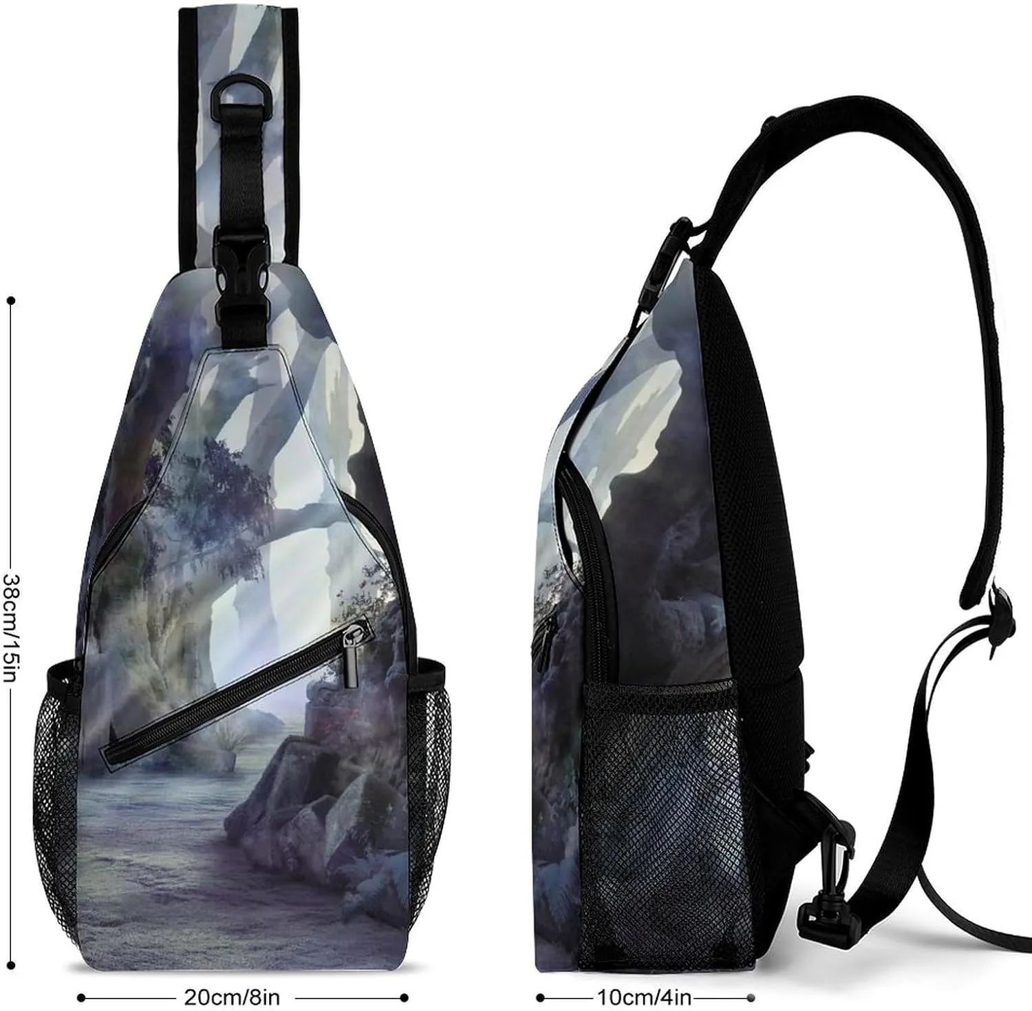 Landscape Ancient Treese Crossbody Sling Backpack Misty Mood Sling Bag Adjustable Travel Hiking Chest Bags Daypack