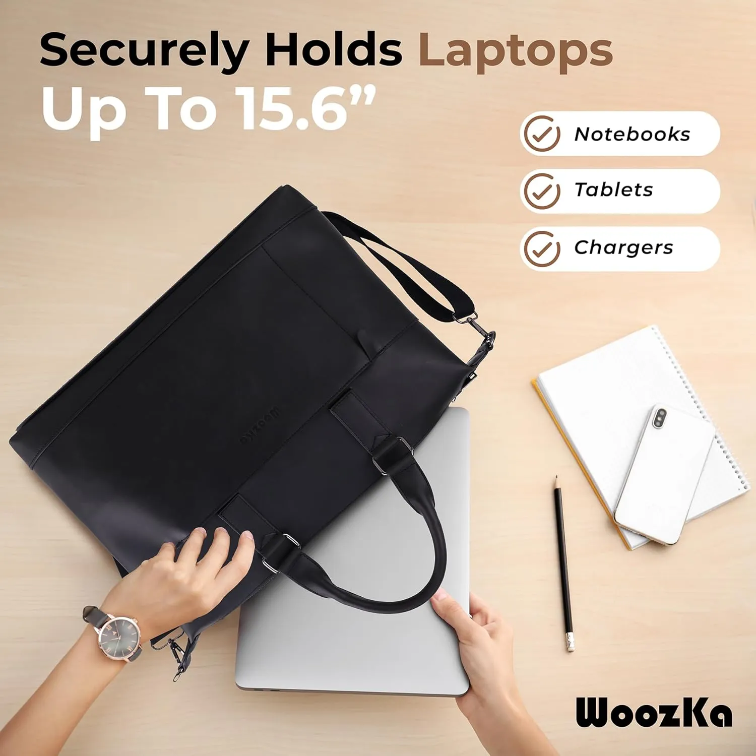 Laptop Bag Vegan Leather Messenger Shoulder Bag - 15.6" Laptop Briefcase with Luggage Strap - Cross Body (Black)